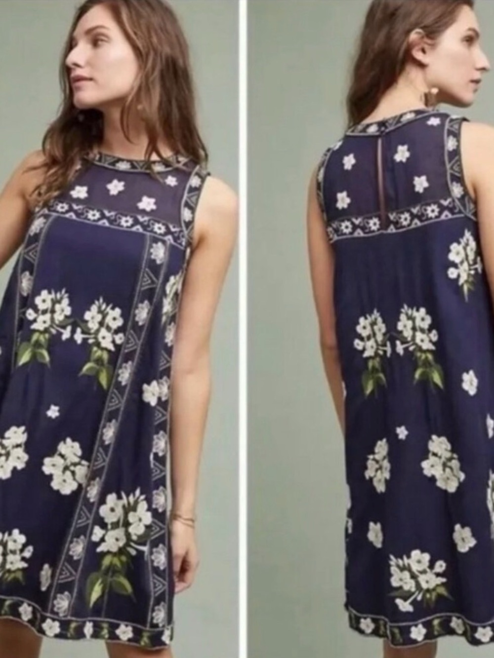$198 Anthropologie Maeve Rosa Floral Embroidered Sleeveless Swing Dress 4, Small